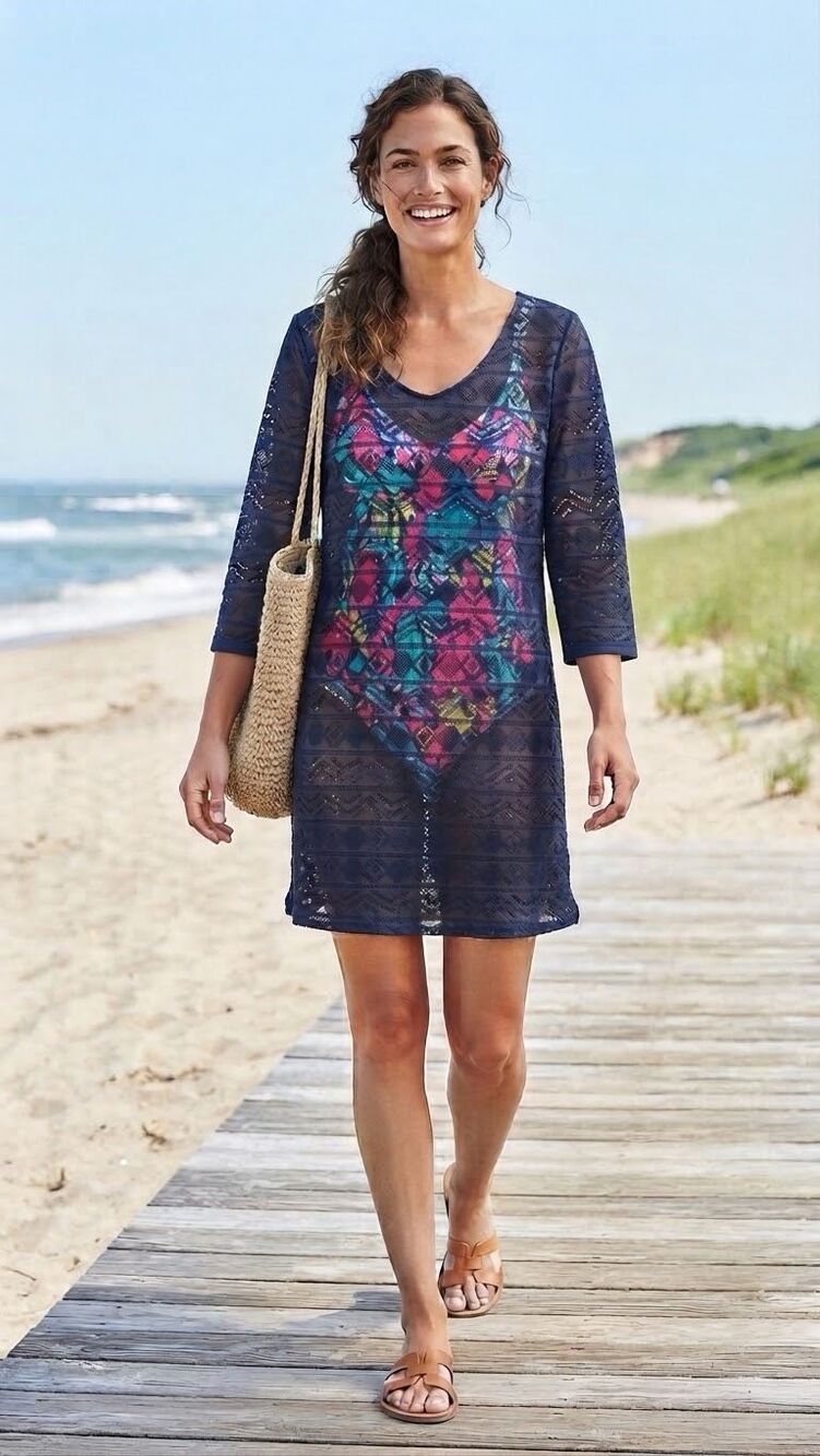 L.L. Bean Navy Blue Geometric Mesh Swim Coverup Dress Size L UPF UV Protection